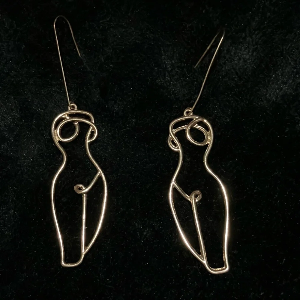 Gold Dangle Earrings Female Woman Body Frame Form Outline Chic Modern Abstract